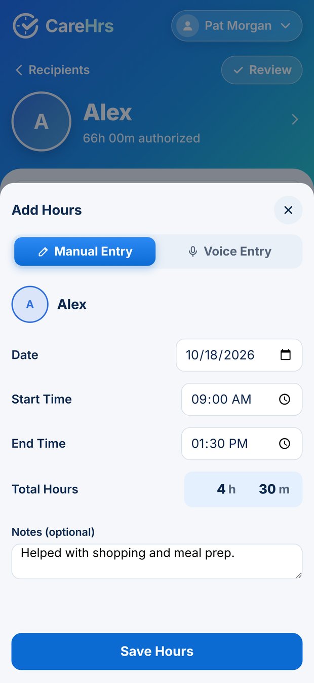 Manual Entry screen of CareHrs, with date, start and end time, and total hours