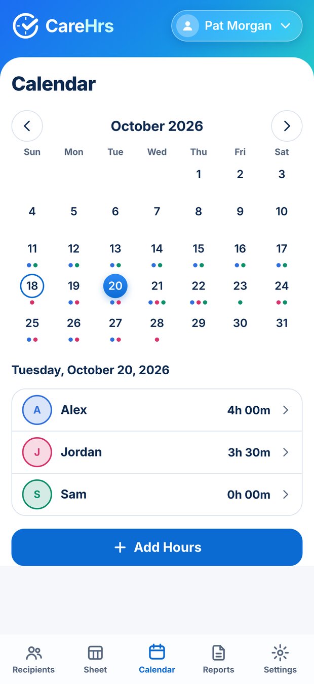 Calendar screen of CareHrs showing a month with hours on the days worked