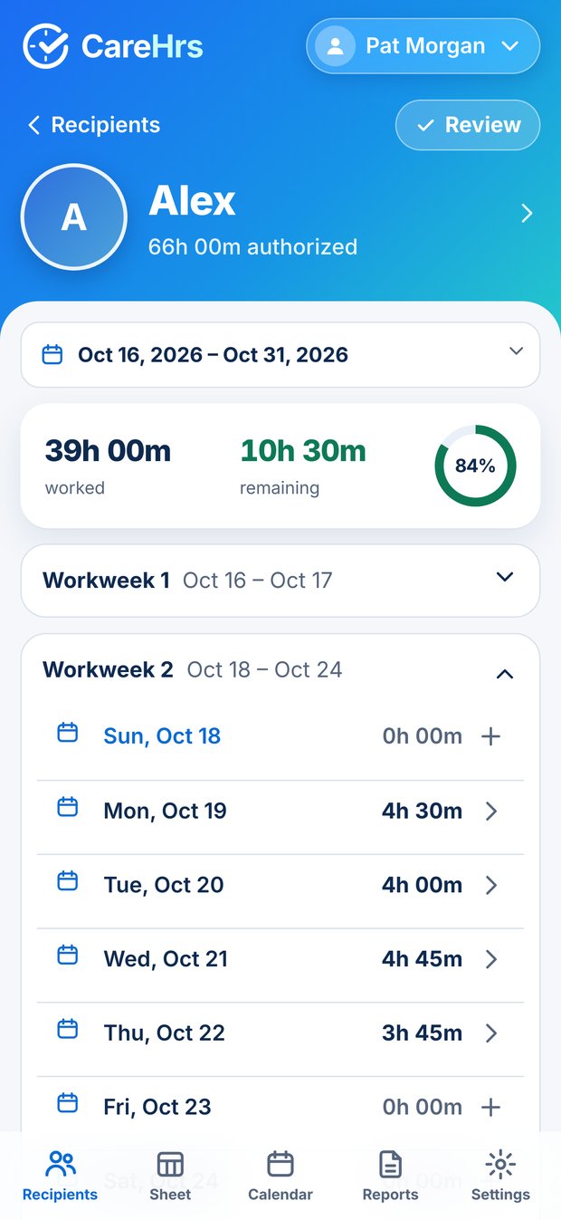 Recipient timesheet in CareHrs with workweeks and a daily hours list
