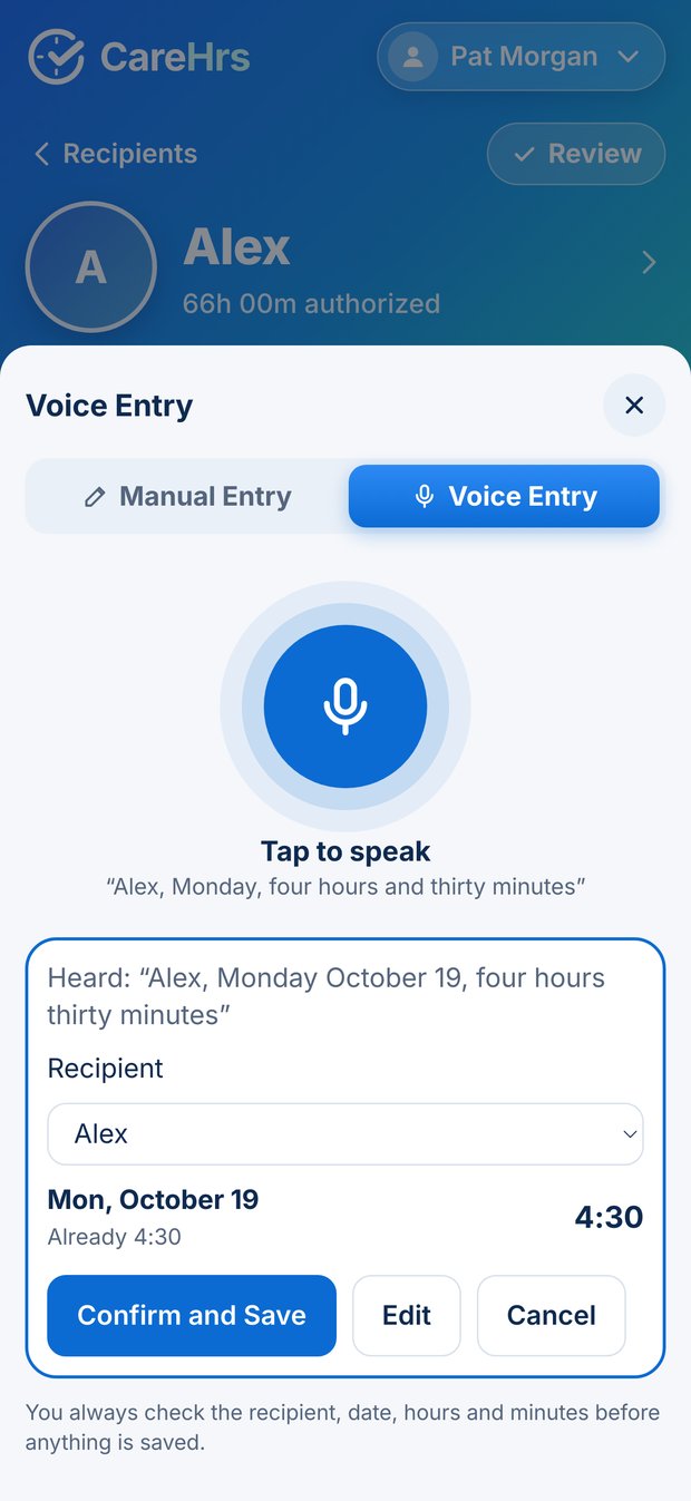 Voice Entry screen of CareHrs showing the heard phrase with Confirm and Save